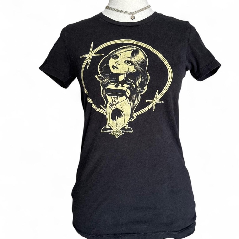 Women’s Black Graphic Tee with Pale Yellow Artwork
